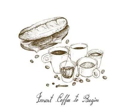 Insert Coffee to Begin, Illustration Hand Drawn Sketch of A Cup and Coffee Gl Stock Illustration