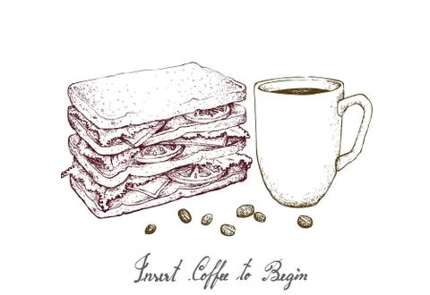 Insert Coffee to Begin, Illustration Hand Drawn Sketch of A Cup of Coffee wit Stock Illustration