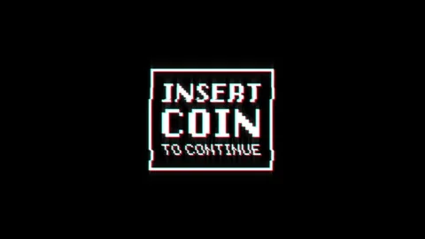 Insert coin to continue 8-bit text pixel dynamic glitch animation video game Stock Footage 313076083