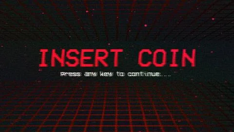 Insert Coin, vintage arcade game screen with glitch effect Stock Illustration