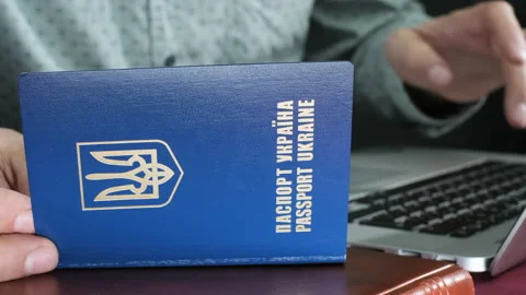 Insert data from International Travel document  Passport Ukraine for buy fly  Video stock 217415923