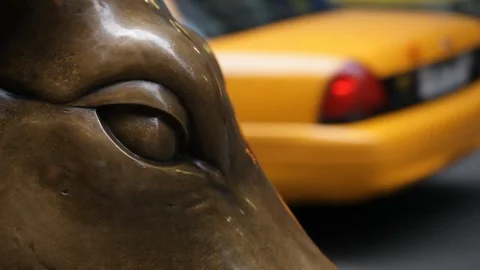 An insert of the iconic Wall Street Charging Bull's Eye Stock Footage 89148270