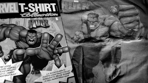 The insert of the Marvel T-shirt collection featuring the superhero Hulk Stock Footage 287923062