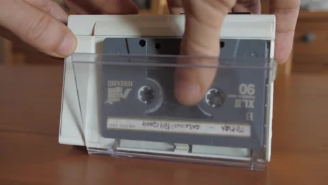Insert put cassette tape Walkman player 4k Stock Footage 289149952
