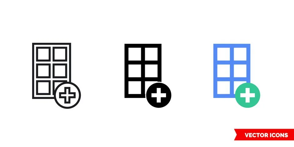 Insert table icon of 3 types color, black and white, outline. Isolated vector Stock Illustration