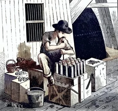Inserting blasting caps into dynamite cartridges to blow up Flood Rock, East Stock-Illustration