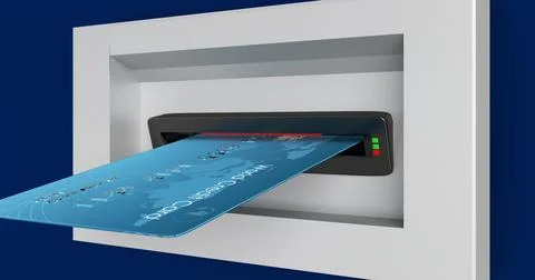 Inserting blue card with EMV chip and embossed numbers into recessed black Illustrazione stock