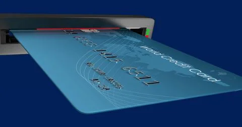 Inserting blue World Credit Card with embossed numbers, world map into reader, Stock Illustration