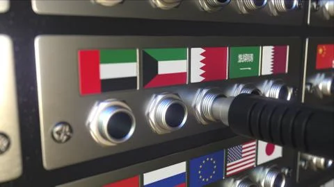Inserting connector into a socket with flag of Bahrain. Translation or online Stock Illustration