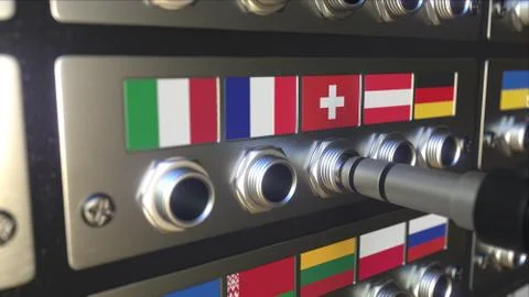 Inserting connector into a socket with flag of Switzerland. Translation or Stock Illustration
