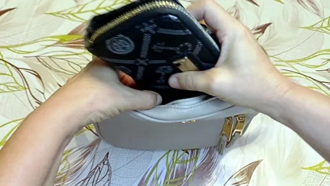 Inserting a wallet into a handbag, Marina di Carrara, Italia, September 16, 2026 Stock Footage 345669257