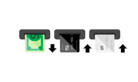 Inserts a credit card into ATM and take the money. Card usage, terminal usage Stock Illustration