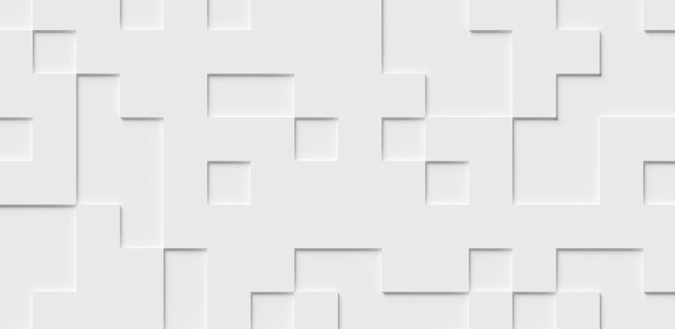 Inset two level white horizontal rectangle cube boxes block background wall.. Illustrazione stock