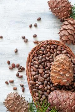 Inshell pine nuts in a wicker basket. Nearby are nuts, pine cones and needles Stock Photos