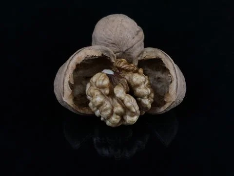 Inshell walnuts on a black background. Ripe walnut in a hard shell. Stock Photos
