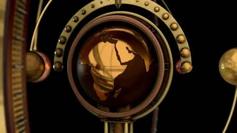 Inside 3D STEAMPUNK model of an Armillary sphere. ALPHA MATTE. Video stock 90144029
