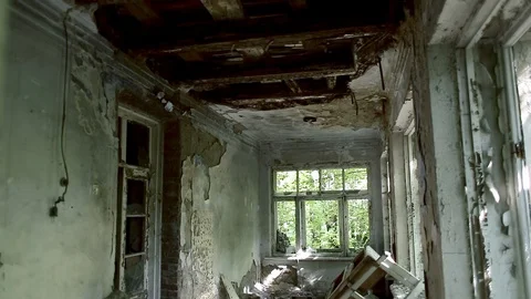 Inside an abandoned building. Fire consequences. Almost collapsed and ruined Stock Footage 110435167