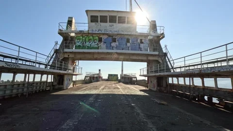 The inside of abandoned ferry boats Stock Footage 233492746