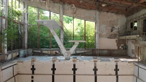 Inside the abandoned pool in the city of pripyat Stock Footage 194429420