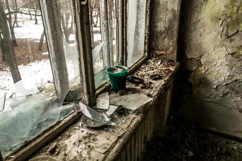 Inside the abandoned Soviet school window Stock Photos