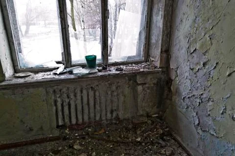 Inside the abandoned Soviet school window Stock Photos