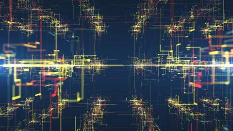 Inside an abstract digital cyberspace. Information flows through broken, wind Illustrazione stock