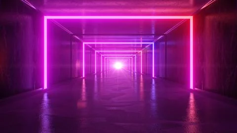 Inside Abstract Ultraviolet Neon Glowing Sqaure Tunnel Moving Slowly Stock Illustration