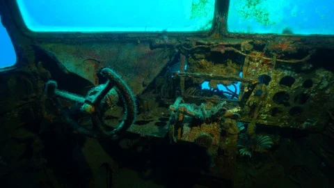 Inside of aCockpit Plane Wreck Under the Sea, 4k Stock Footage 124199069