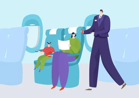 Inside airplane concept, vector illustration, mother daughter character travel Ilustração Stock