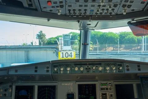 Inside airplane pilot cabin. Stock Photos