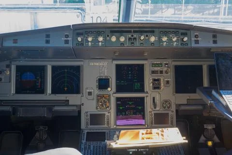 Inside airplane pilot cabin. Stock Photos