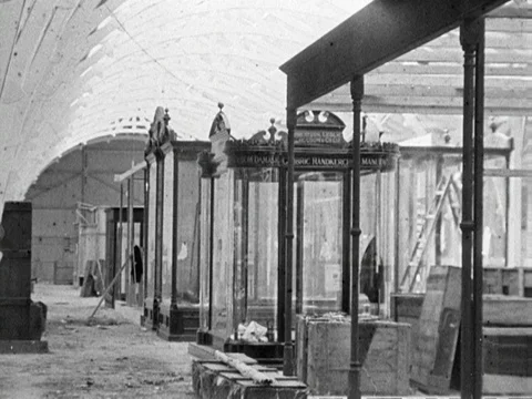 Inside and outside of Cork exhibition preparation, working on building, 1902 Stock Footage 136682348