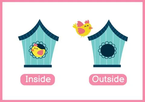 Inside and outside opposite adjectives educational flashcard Stock Illustration