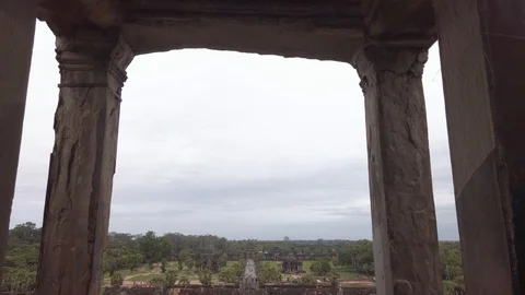 Inside Angkor Wat entrance gate framed with columns. Stock Footage 116011548