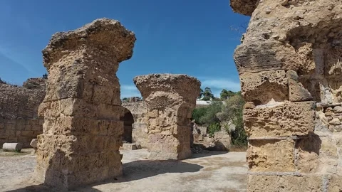 Inside the Antoninus Baths, part of the ancient Roman ruins of Carthage Stock Footage 318643220