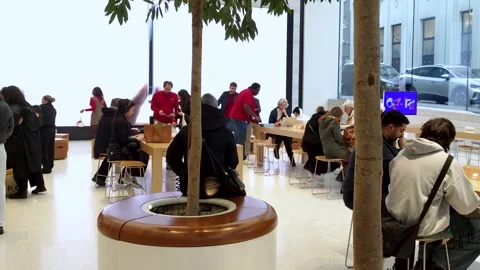 Inside the Apple Store. Customers testing devices while staff assist and Stock Footage 337744149
