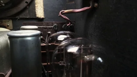 Inside of Art Deco Valve Lamp Radio from 1933. beautiful steampunk furniture. Stock Footage 82366974