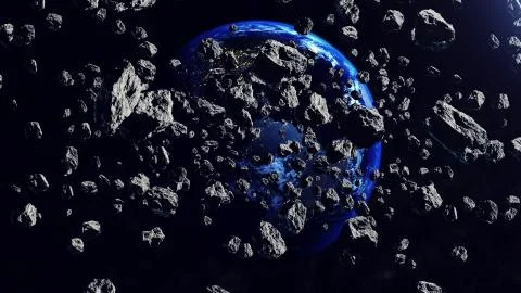 Inside the Asteroid belt seen against the Earth Stock Illustration