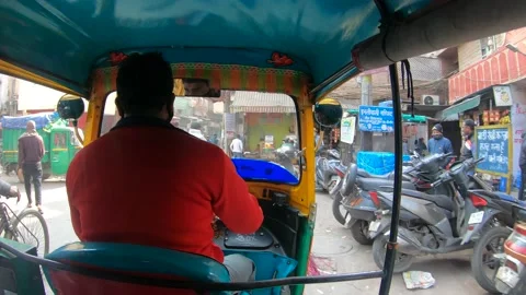 Inside Auto Rickshaw Chandni Chowk Street Full Of People And Traffic Stock Footage 147404411