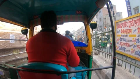 Inside Auto Rickshaw Chandni Chowk Street Full Of People And Traffic Stock Footage 147404414