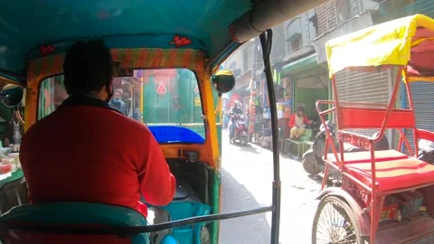 Inside Auto Rickshaw Chandni Chowk Street Full Of People And Traffic Stock Footage 147405355