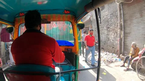 Inside Auto Rickshaw Chandni Chowk Street Full Of People And Traffic Stock Footage 147405375