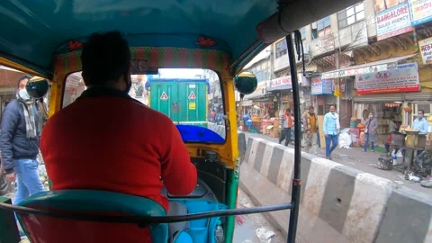 Inside Auto Rickshaw Chandni Chowk Street Full Of People And Traffic Stock Footage 147405406
