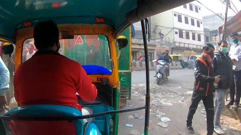 Inside Auto Rickshaw Chandni Chowk Street Full Of People And Traffic Stock Footage 147405408