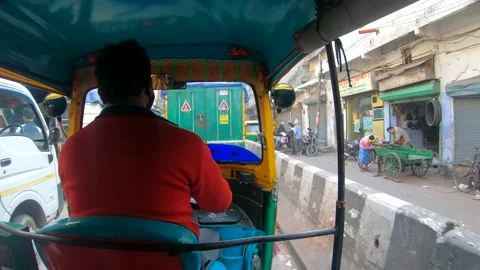 Inside Auto Rickshaw Chandni Chowk Street Full Of People And Traffic Stock Footage 147405453