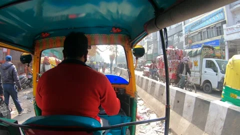 Inside Auto Rickshaw Chandni Chowk Street Full Of People And Traffic Stock Footage 147406233