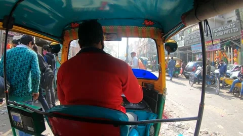 Inside Auto Rickshaw Chandni Chowk Street Full Of People And Traffic Stock Footage 147406251