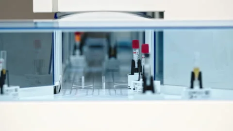 Inside of an automated lab glazed line. Two test tubes with red caps drawing Stock Footage 232686954