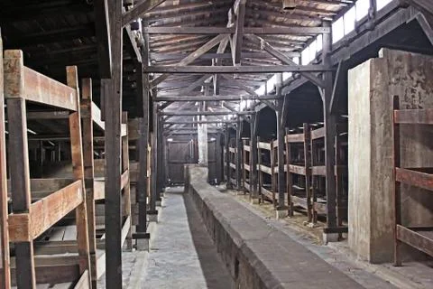 Inside of barrack in concentration camp Auschwitz, Poland Stock Photos