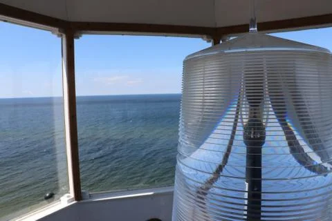 Inside the Beacon Room of Crisp Point Lighthouse Overlooking Lake Superior Stockfoto's